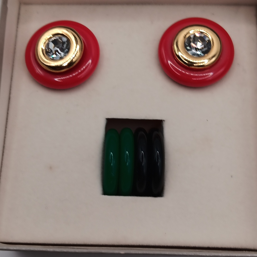 Avon Red and Gold Round Post Earrings with Green/Black Accent Replacements - Picture 3 of 7